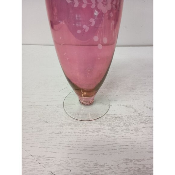 Vintage Blown Cranberry Art Glass Vase Etched Floral Iridescent Flash Footed - Picture 7 of 8